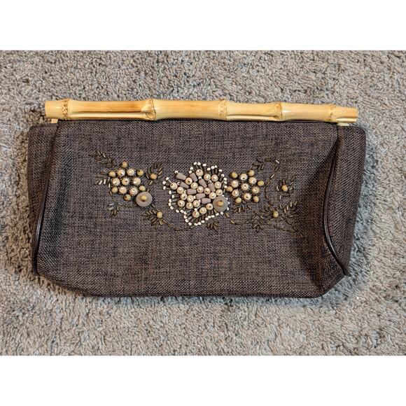 Vintg Boho Beaded Brown Fabric Clutch Bamboo Cane Handles Floral Earthy Hippie - Picture 1 of 6